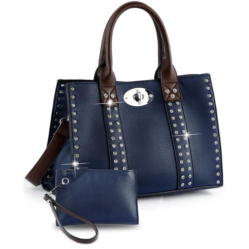 Elegant Blue Accessorized Twist-Lock Clasp  Handbag Satchel Carry All Handbag